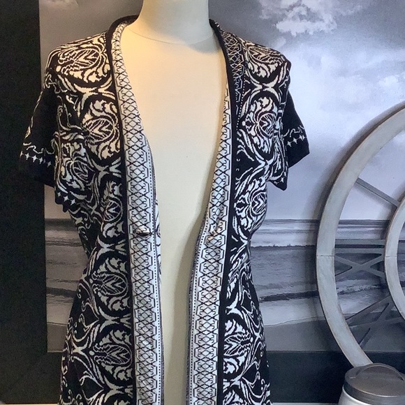 Style & Co Black White Damask Pattern Short Sleeve Sweater Cardigan Vest Sz L - Picture 10 of 11